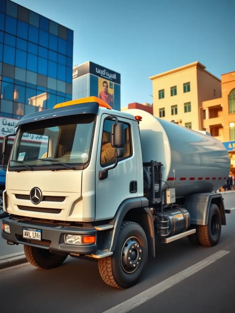 Medium-sized water tanker truck parked in a commercial area of Riyadh.