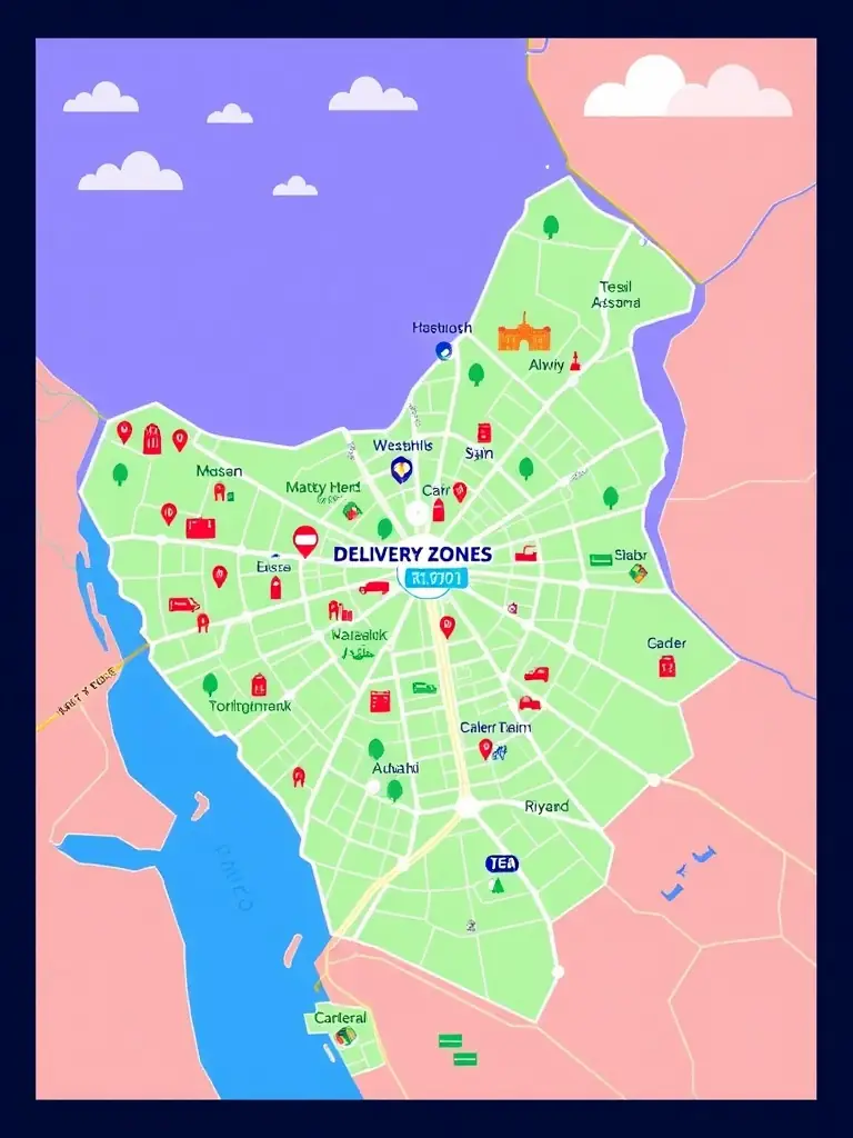 A colorful map of Riyadh showing highlighted delivery zones for water services.