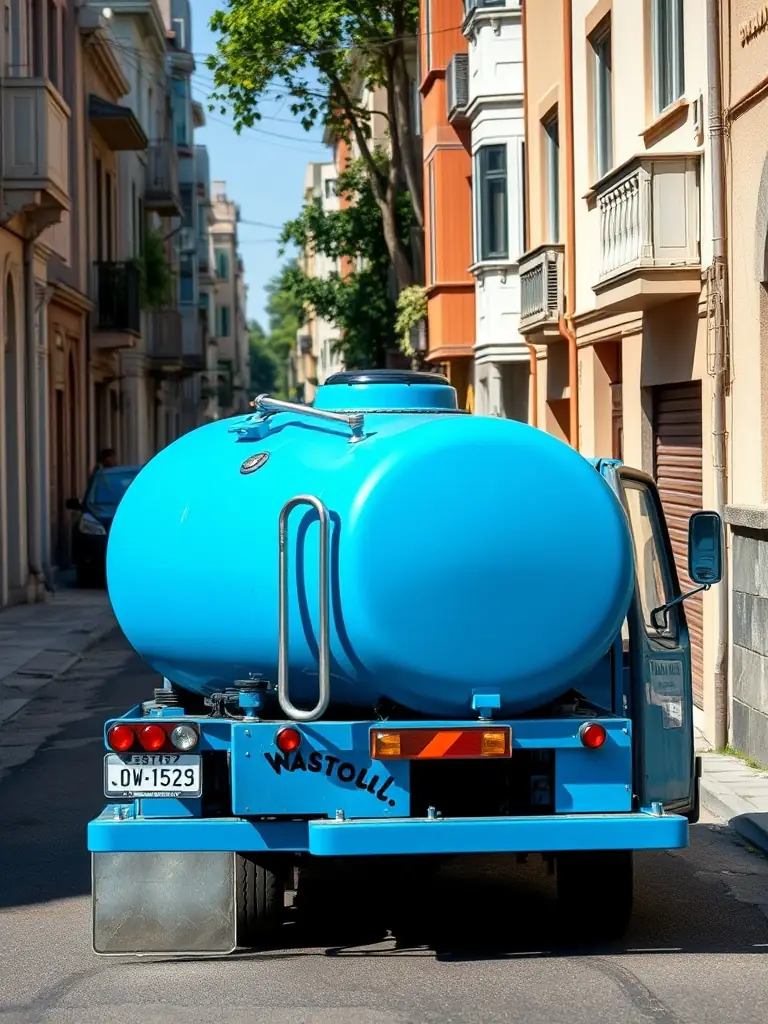 A small water tanker truck driving through a narrow residential street.