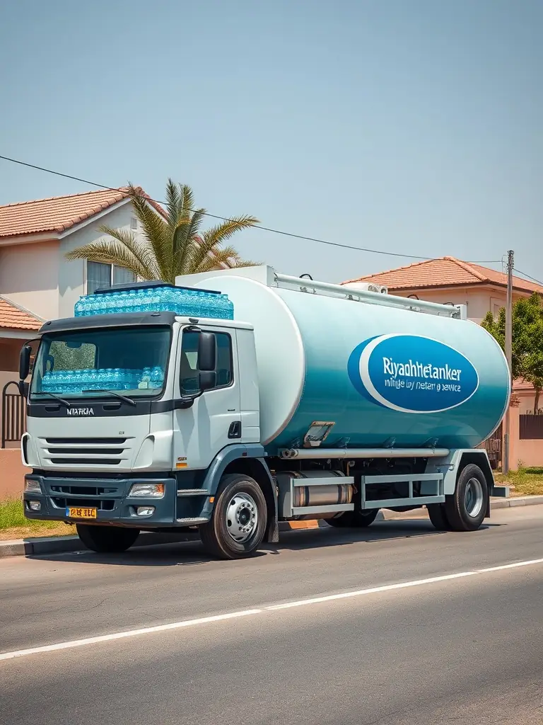 Large water tanker truck delivering water in a residential area in Riyadh.